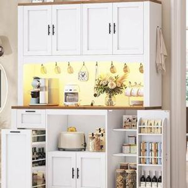 Itaar 71" Pantry Cabinet with Charging Station and LED Light, Kitchen Pantry Cabinet with Microwave Stand, 47.2" Wide Kitchen Storage Cabinets with Storage Cart 3 Tier for Dining Room, White