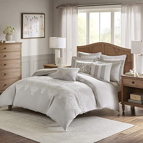 MADISON PARK SIGNATURE Barely There 9 Piece Comforter Set for Bedroom Damask Pattern Embroidery, King(110"x96"), Damsk Natural