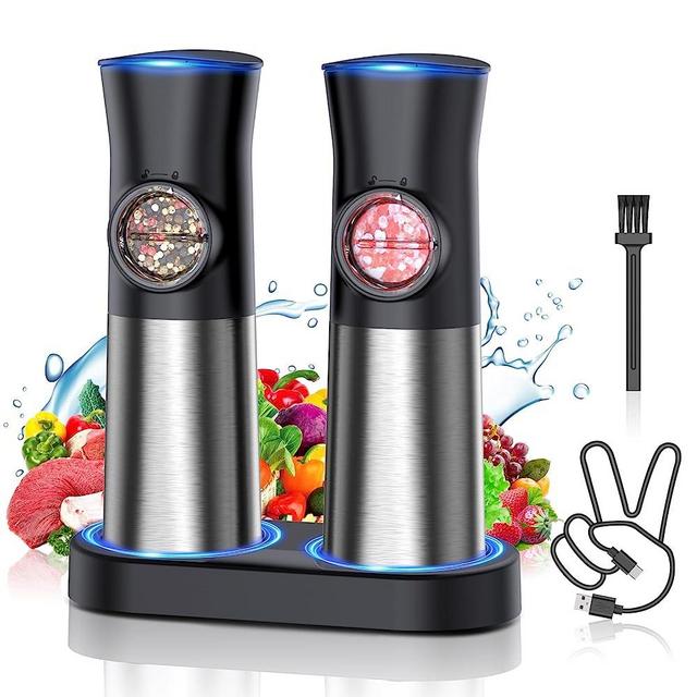 Gravity Electric Salt and Pepper Grinder Set - USB Rechargeable Automatic Pepper Mill Grinder - Generous Capacity - Adjustable Fineness - One Handed Operation, Stainless Steel Construction, LED Light