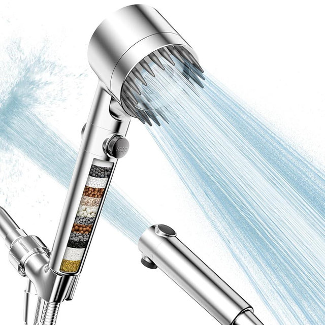 Filtered Shower Head with Handheld, High Pressure Water Flow and Multiple Spray Modes Shower Head with Filter, Power Wash for Hard Water, Showerhead with ON/OFF Switch for Pets Bath (Chrome)
