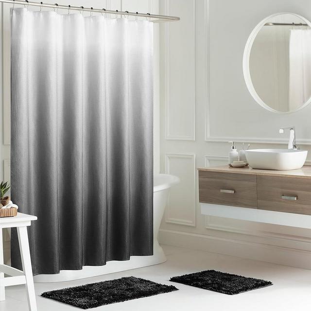 Creative Home Ideas Bathroom Sets with Shower Curtain and Rugs| Shower Curtain Sets with Rugs Includes Shower Curtain, Liner Set, 2 Chenille Bathmats and 12 Hooks | 70" x 72"| Black/White