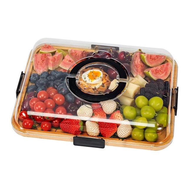 Charcuterie Board with Clear Lid, Portable Cheese & Snack Tray with Handle, Bamboo Cutting Board with 1 Compartments, Travel Charcuterie Box for Parties, Picnics, Housewarming Gifts