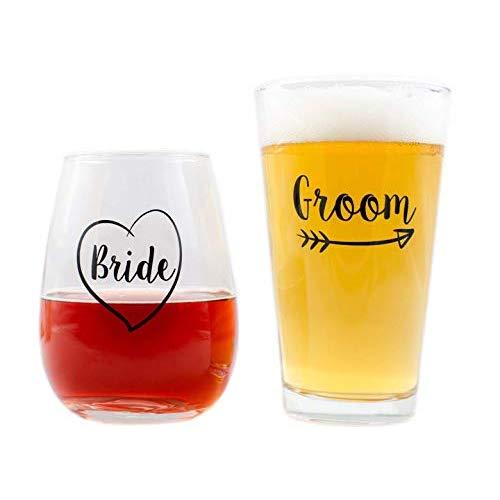 Cute Wedding Gifts - Bride and Groom Novelty Wine Glass and Beer Glass Combo - Engagement Gift for Couples