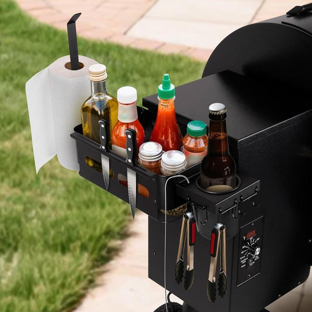 Goldusk Storage Bin for Traeger Grills with Paper Towel Holder and Drink Holder Accessories Outdoor Grill for Traeger Ironwood 650/885, PRO 575/780/34/22, for Pit boss, for Z-Grills Smoker Side Basket