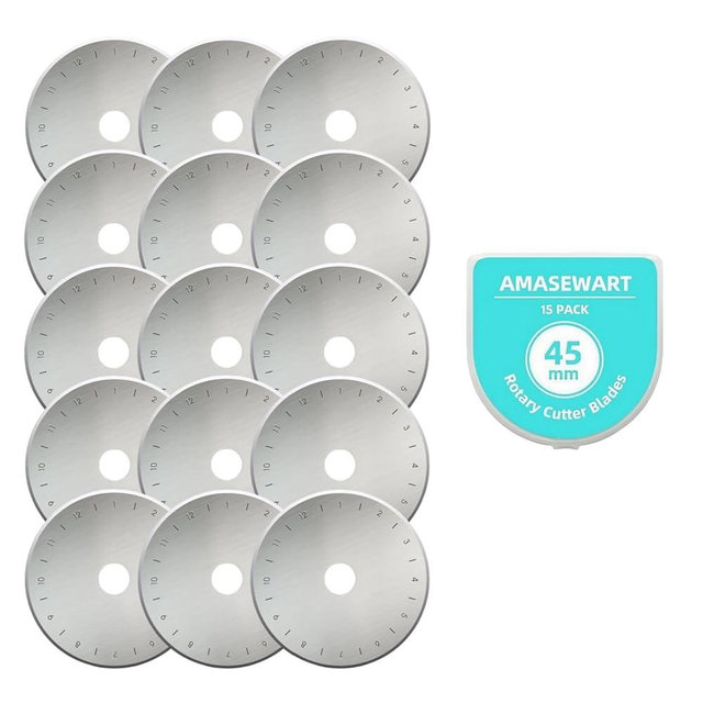 AMASEWART 45mm Rotary Cutter Blades Fits Fiskars Olfa, Replacement Rotary Blade for Fabric, Quilting, Sewing and Arts & Crafts, Pack of 15