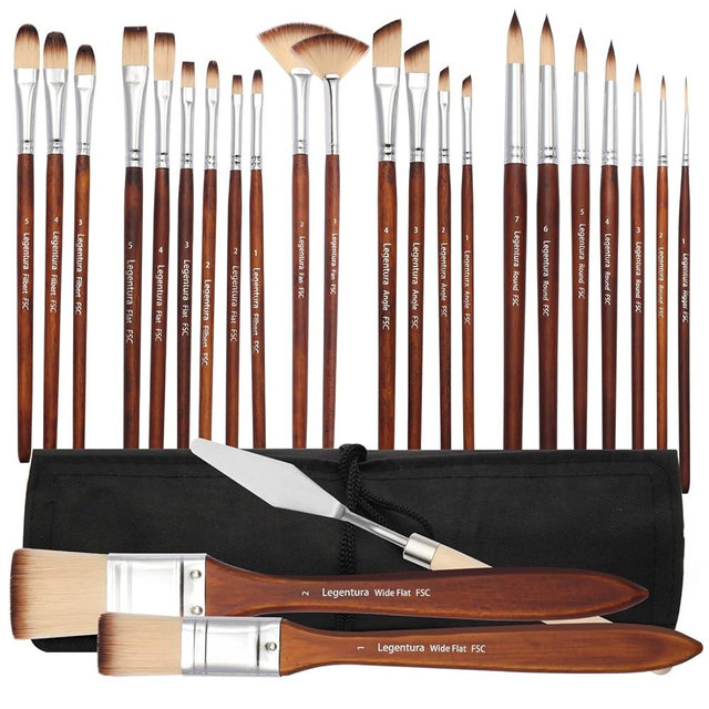 Legentura Professional Paint Brush Set – 25 PCS Artist Paint Brushes for Acrylic, Oil & Watercolor with Flat, Filbert, Fan, Round, Liner & Dagger Shapes – Synthetic Bristles & Travel Case