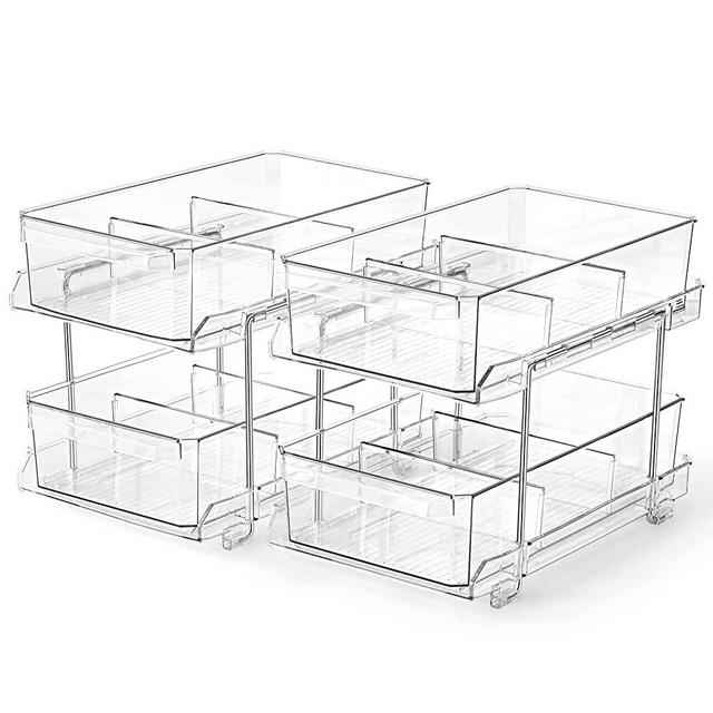 2 SET, 2 Tier Clear Organizer with Dividers, Multi-Purpose Slide-Out Storage Container, Bathroom Vanity Counter Organizing, Under Sink Closet Organization, Kitchen Pantry Medicine Cabniet Storage Tray