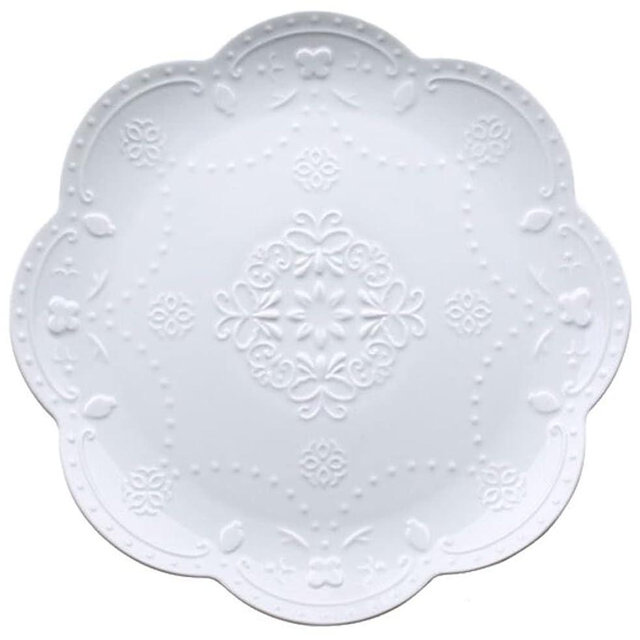 YBK Tech Elegant Round Embossed Lace Plate, Ceramic Serving Plate for Breakfast Afternoon Tea (White, 10-inch)
