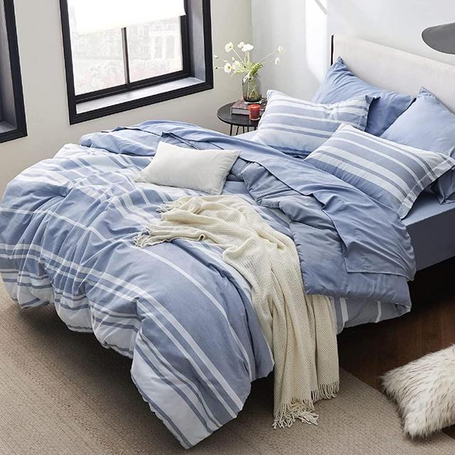 Bedsure Bed in a Bag Queen 7-Piece Blue White Striped Bedding Comforter Sets All Season Bed Set, 2 Pillow Shams, Flat Sheet, Fitted Sheet and 2 Pillowcases