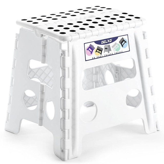 Delxo 13" Folding Step Stool for Kids and Adults, Non-Slip Foldable Step Stools with Handle,Plastic Portable Folding Stool for Bathroom,Bedroom,Kitchen,Hold up to 300lbs White