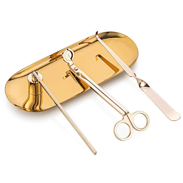 Aimto Candle Snuffer Accessory Set 4 in 1 - Candle Snuffer, Wick Trimmer, Wick Dipper and Plate Tray for Putting Out Extinguish Candle Wicks Flame Safely (Gold)