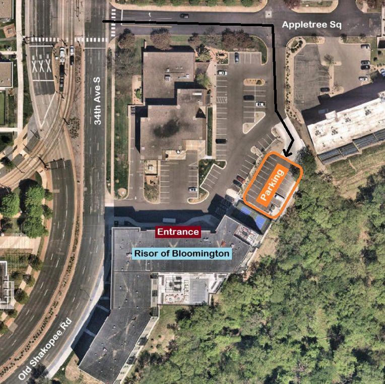 Please park in the lower level parking lot near the entrance to the parking garage (highlighted in orange on the map). Thank you!