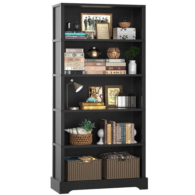 TVU 5-Tier Wooden Bookshelf, 65" Tall Farmhouse Style Open Bookcase, 31.5" W Standing Book Shelf with Storage, Suitable for Study, Living Room, Office, Blcak