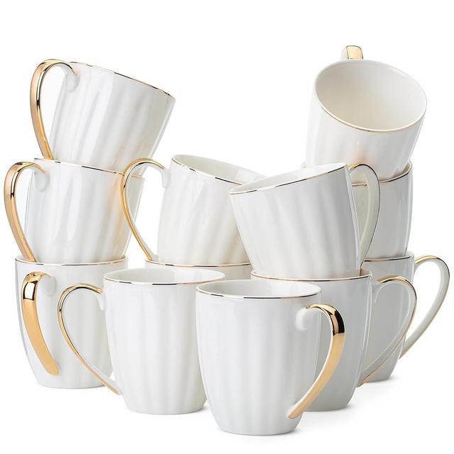 BTaT- White Coffee Mugs with Gold Rim, Set of 12, 12oz, Porcelain Coffee Mugs for Coffee Mug Set, Large Coffee Mugs 12 OZ, Coffee Cups Set, Ceramic Coffee Mug sets, Coffee Cup Set