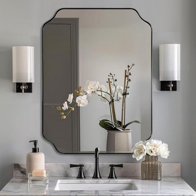 ANDY STAR Black Bathroom Mirror, 22x30 Inch Asymmetrical Mirror, Irregular Wall Mirror in Stainless Steel Metal Frame, Modern Scalloped Mirrors Ideal for Bathroom, Bedroom (Horizontal/Vertical)