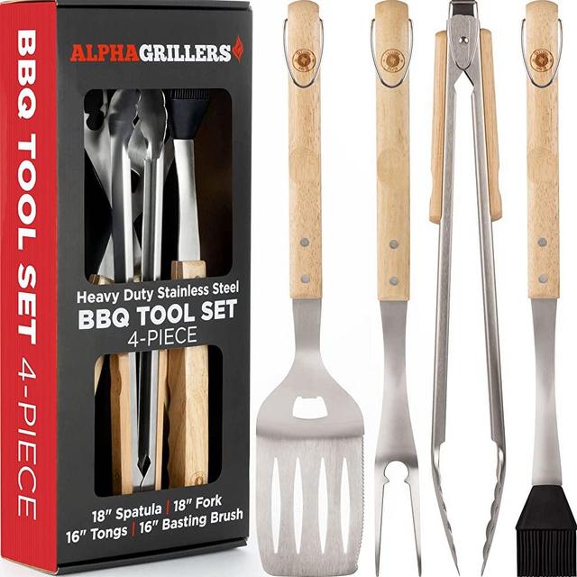 Alpha Grillers BBQ Set Grill Tools - BBQ Tools Heavy Duty Wooden 4pk - Grilling Tools Gifts for Dad