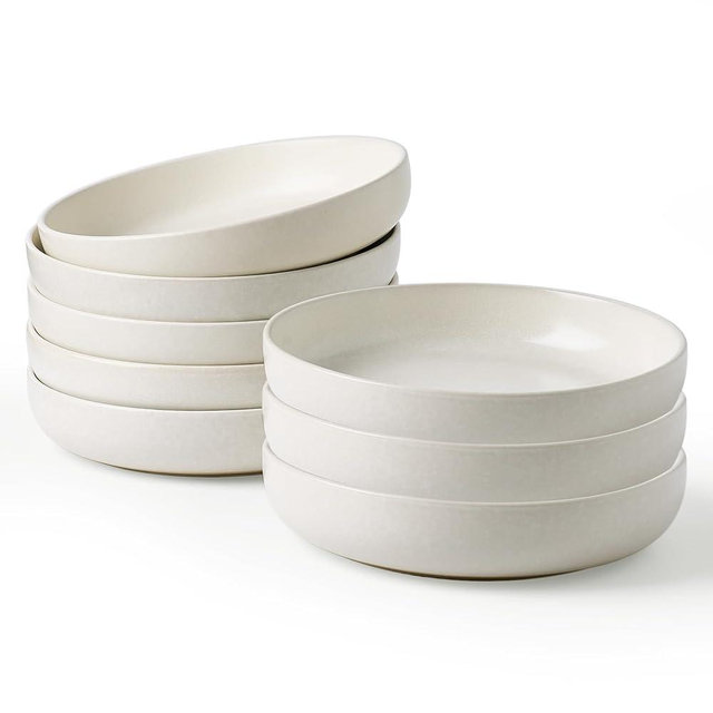 famiware Milkyway Pasta Bowls Set of 8, 33 oz Large Salad Bowls, Double Reactive Glaze, Sturdy & Stackable, Ideal for Housewarming, Festivals, Matte White