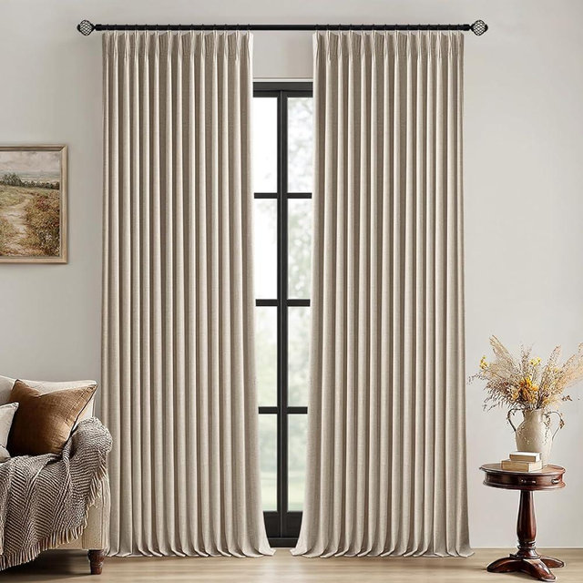 MIULEE Sand Pinch Pleated 100% Blackout Linen Curtains for Bedroom, Room Darkening Light Blocking Window Curtains 84 inches Long for Living Room, Black Out Pleat Drapes with Pin Hooks, 2 Panels