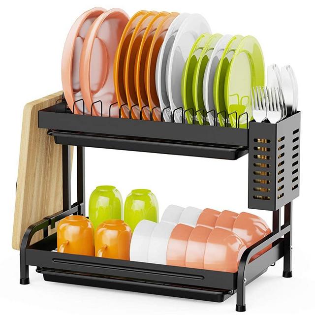 Dish Drying Rack, iSPECLE 2 Tier Dish Rack with Drainboard, Small Dish Drainer with Cutting Board Holder and Utensil Holder Storage for Kitchen Counter Saving Space, Black