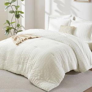 CozyLux King Size Comforter Set Ivory Seersucker 7 Pieces Bed in a Bag King Comforter Set with Sheets, Luxury Soft Bedding Sets with Down Alternative Comforter, Sheets, Pillowcases & Shams All Seasons