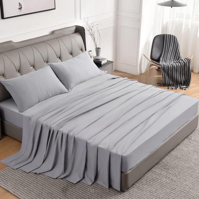 Buyoung King Size Sheets - Hotel Luxury 1800 Bedding Sheets Pillowcases - Grey King Bed Sheets - Gray Sheets for King Size Bed, Lightweight Super Soft Easy Care Microfiber Bed Sheet Set - 4 Piece