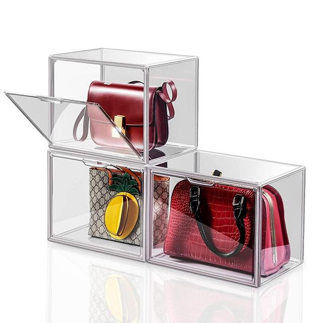 3Pack Clear Plastic Handbag Storage Organizer for Closet, Acrylic Display Case for Handbag and Purse, Luxury Stackable Magnetic Drop Front Storage Organizer for Clutch, Wallet, Book, Toys Organization and Display
