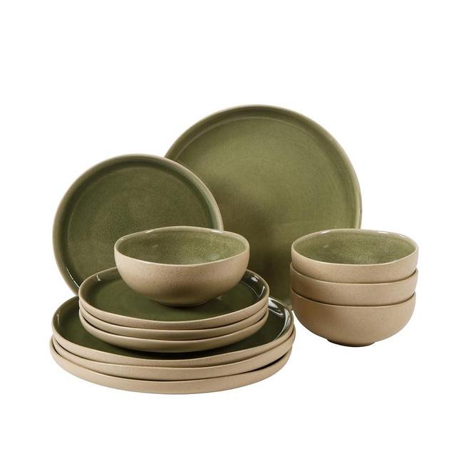 Gibson Elite Manila Bay 12-Piece Stoneware Dinnerware Set, Service for 4, Reactive Glaze Modern Artisan Plates, Bowls & Mugs, Green, Round Design