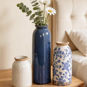 Vintage Ceramic Vase Set of 3, Blue and White Small Flower Vase Chinoiserie Rustic Modern Farmhouse Centerpiece Decorative Vases for Table Entryway Bookshelf Living Room Kitchen Home Decor