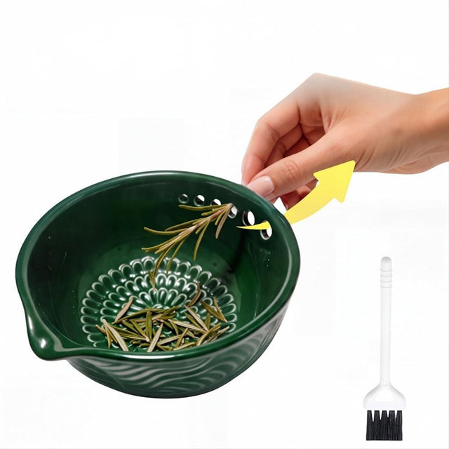 Ceramic Grater Bowl with Herb Stripper & Cleaning Brush, 3-in-1 Kitchen Tool for Garlic, Ginger & Vegetables, Easy to Clean Stripping Bowl for Kale, Rosemary, Thyme, and Basil, Dishwasher Safe-Green