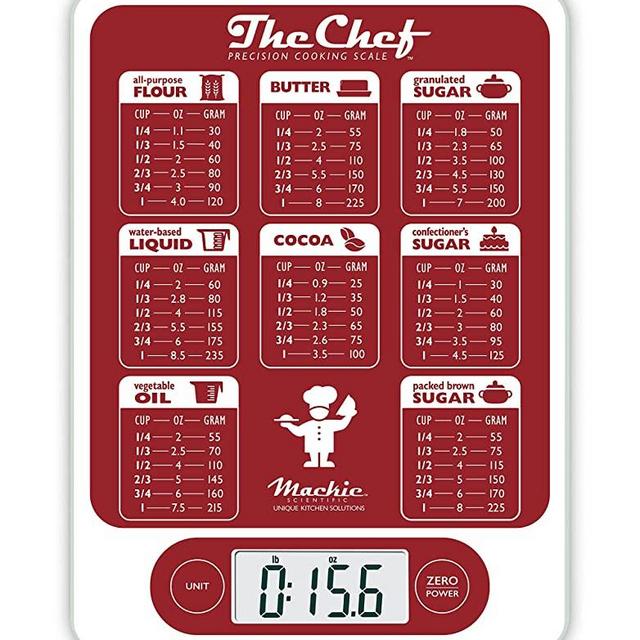 Mackie The Chef Food Scale Digital Kitchen Scale Grams and Oz Easy Precision for Cooking Baking Meal Prep, Baking Conversion Table an American Co. (Red and White)