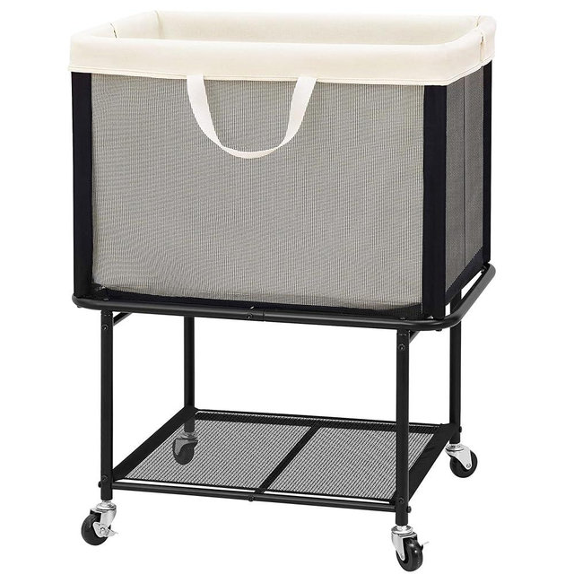 STO STO Rolling Laundry Hamper with Lockable Wheels, 29-Gallon (110L) Laundry Cart with Removable Canvas Bag, 2-Tier Clothes Basket Hamper with Shelf for Closet, Bedroom, Bathroom, Laundry Room