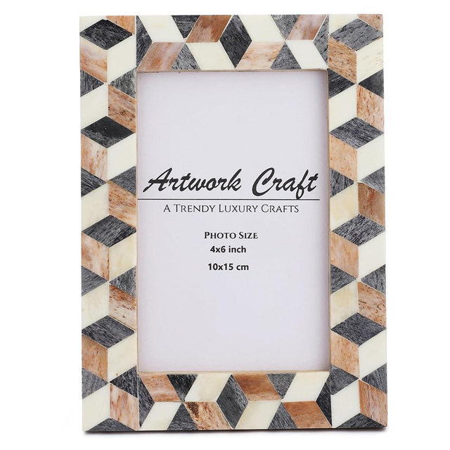 Artwork Craft Bone Photo Frame Geometric 3D Pattern Inspired Vintage Table-Top/Wall Décor Chevron Art Boho Picture Frames (4x6 Inches, Cube Brown, White)