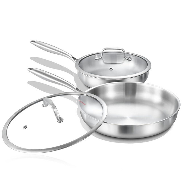 DELARLO Tri-ply Stainless Steel Frying Pan Set with Lid 10"12" Induction large Skillets Chef's Pan,Pots and Pans Set Kitchen Cookware Set Suitable for All Stove