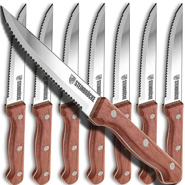 Steak Knife Set - Steak Knife with Wooden Handle, Knives Set for Kitchen, Serrated Steak Knives Set of 8, Classic Full Tang Design, 5Cr15Mov Stainless Steel Blade