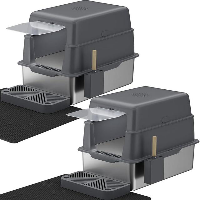 Stainless Steel Litter Box with Lid, 2 Pack XL Metal Cat Litter Box with Removable High Sided Enclosed, Foot Pedal & Scoop & Litter Mat for Big Cats, Anti-Urine Leakage, Non-Stick Bottom