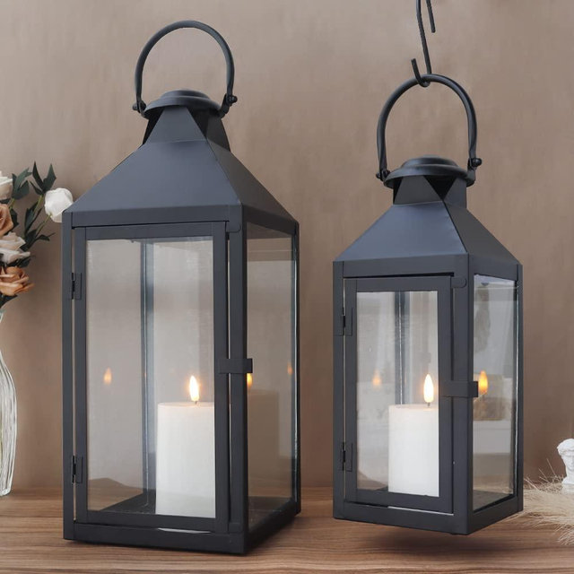 JHY DESIGN Set of 2 Black Decorative Lanterns 17.5inch&13.5inch Metal Candle Lanterns for Indoor Outdoor Events Paritie and Weddings Vintage Style Hanging Lantern