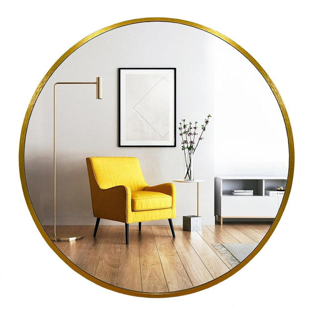 oruii Gold Round Mirror, Gold Round Mirror 24 inch, Gold Round Wall Mirror Metal Frame, Round Bathroom Mirror Gold, Gold Circle Mirrors for Wall, Living Room, Bathroom, Entryway, Vanity, Hallway.