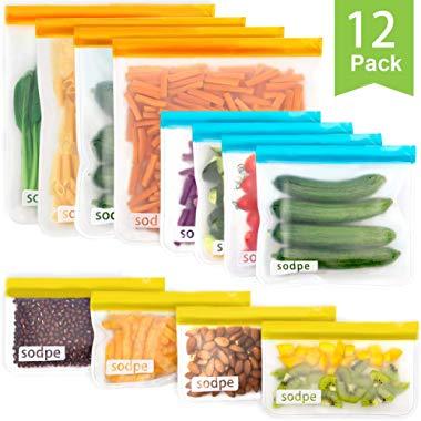 Reusable Storage Bags, SODPE BPA FREE Freezer Bag, 4extra big lunch bag, 4 big sandwich bags and 4 snack bags Seal Zip lock Bag Eco-friendly leakproof Lunch Bag for food storage organization,12 Packs