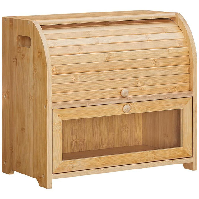 HOOBRO Bread Box, Natural Bamboo Bread Box for Kitchen Countertop, 2 Tier Roll-Top Bread Bin, Food Storage Box, Storage Cabinet, for Kitchen, Dining Room, Natural YL13MB01