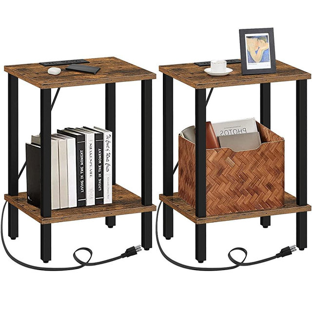 TUTOTAK End Table with Charging Station, Set of 2, Side Table with USB Ports and Outlets, Nightstand, 2-Tier Storage Shelf, Sofa Table for Small Space, Living Room, Bed Room, Rustic Brown TB01BB041