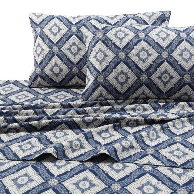 Tribeca Living 100% Cotton Flannel Sheet Set - 200 GSM, Deep Pocket, Ultra Soft & Cozy, King, Damask Printed