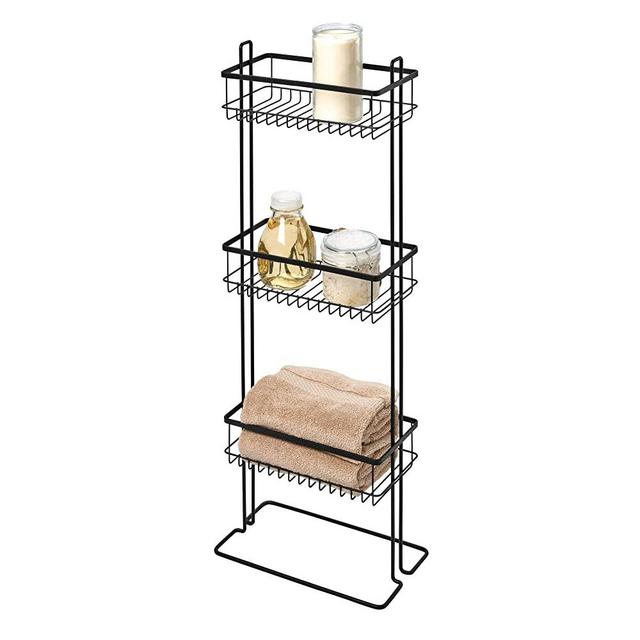 iDesign Everett Metal Standing Shower Caddy, 3-Tier Bath Shelf Baskets for Towels, Soap, Shampoo, Lotion, Accessories, 12.36" x 6.88" x 32.11", Matte Black