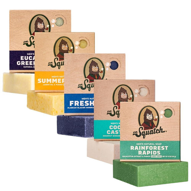 Dr. Squatch Men's Natural Bar Soap Variety 5 Pack - Rainforest Rapids, Coconut Castaway, Fresh Falls, Summer Citrus, and Eucalyptus Greek Yogurt - Soap Gift