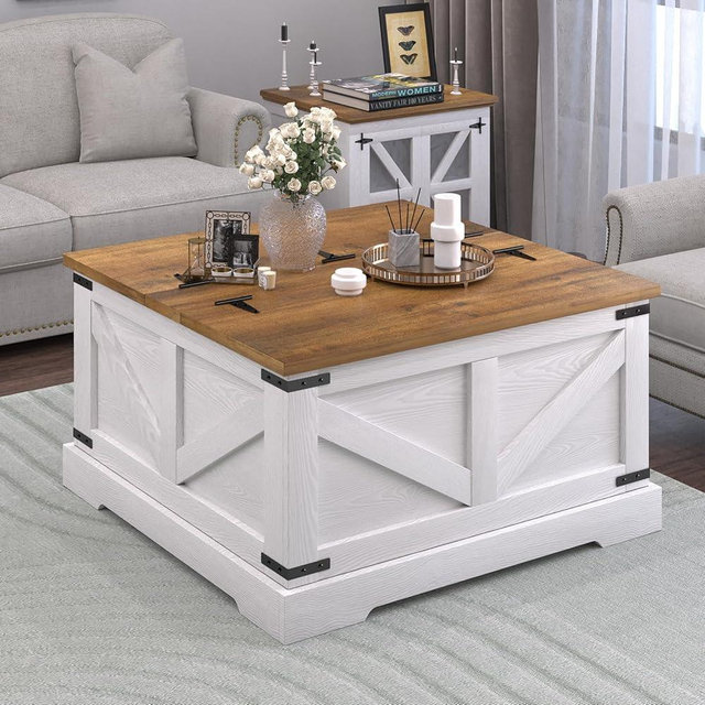 REVOMINCA Farmhouse Coffee Table with Hidden Storage Compartment, White Square Coffee Table for Living Room, Wood Center Table with Hinged Lifting Tabletop for Home