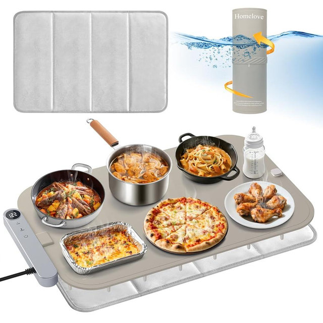 Homelove Warming Mat for Food - Electric Warming Tray with 6-Level Temperature and Hours Setting, Full Surface Graphene Heating, Waterproof Dishwasher-Friendly Food Warmer for Parties, Kitchen (Khaki)