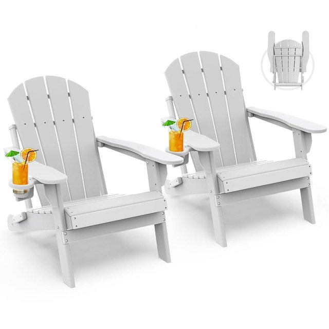 GREENVINES Folding-Adirondack-Chairs-Set-of-2 | HDPE Plastic | Fire Pit Chair | All Weather | Cup Holder | White | for Deck Backyard Patio Outdoor Garden