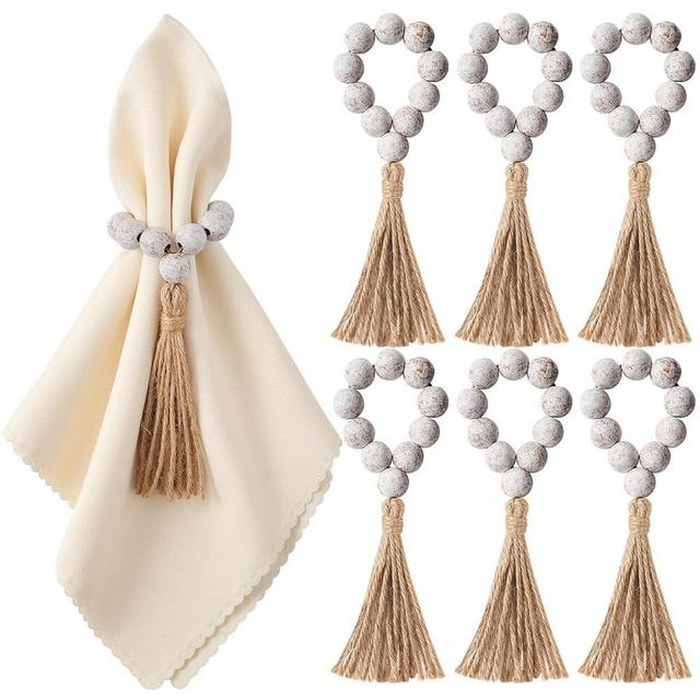 APTWOW Napkin Rings Set of 6, White Washed Wooden Bead Napkin Rings for Farmhouse Boho Table Decor, Family Banquet, Wedding, Holiday Dinner Party