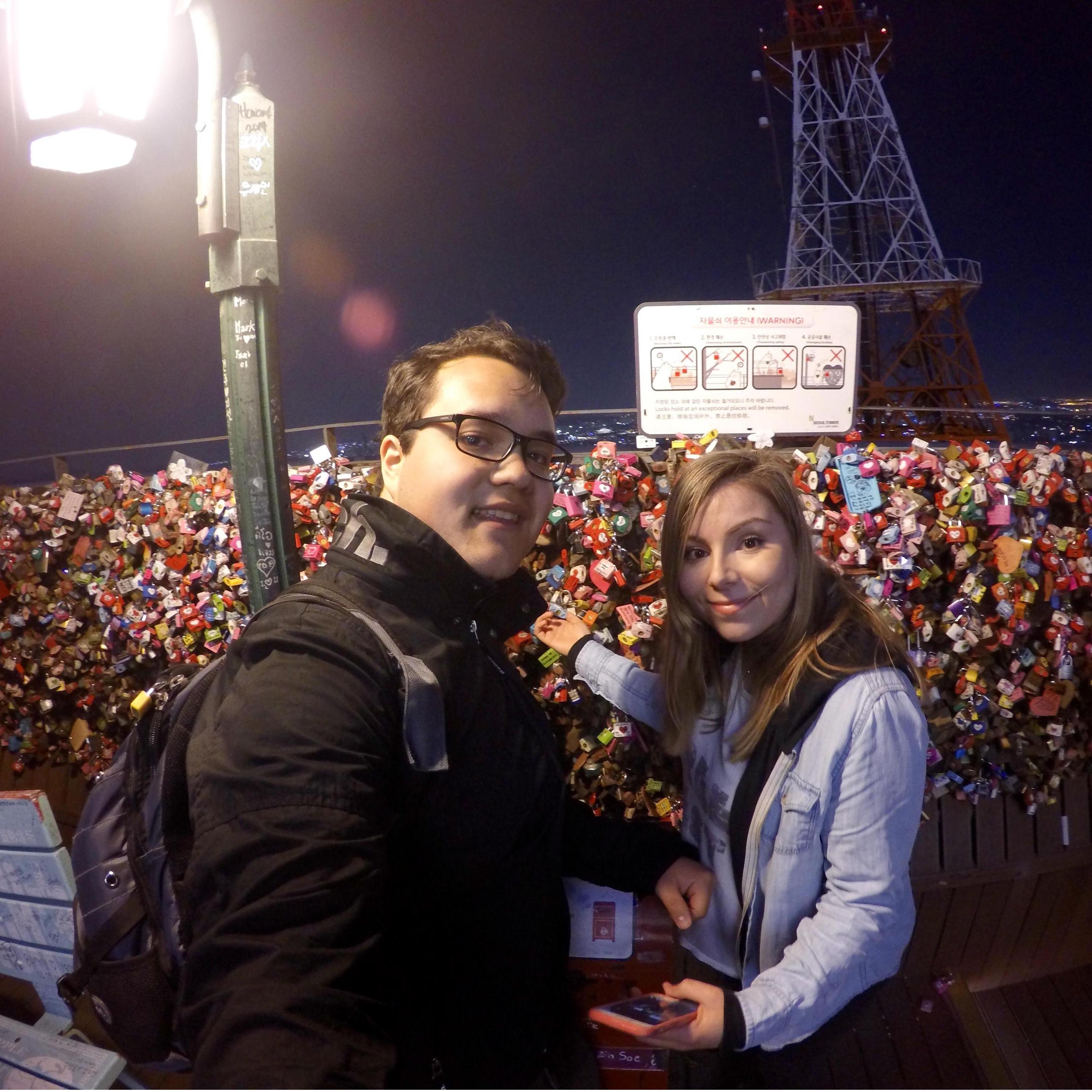 This is from our trip to N. Seoul Tower during our Asia graduation trip! We had one of those heart lockets attached to the fence to commemorate our relationship and the trip together.