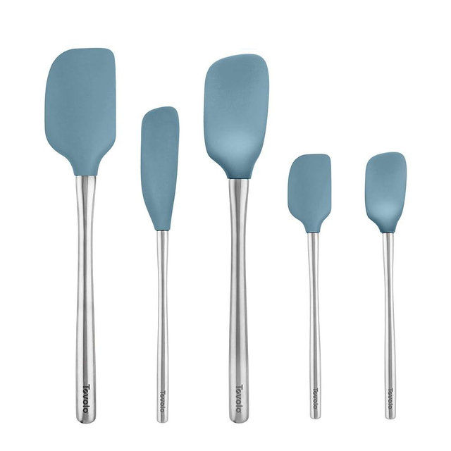 Tovolo Stainless Steel Handled Silicone Spatula Set of 5, Dishwasher Safe Kitchen Spatula Set for Cooking Baking, BPA Free Silicone Spatula set with Metal Steel Handle, Blue Slate