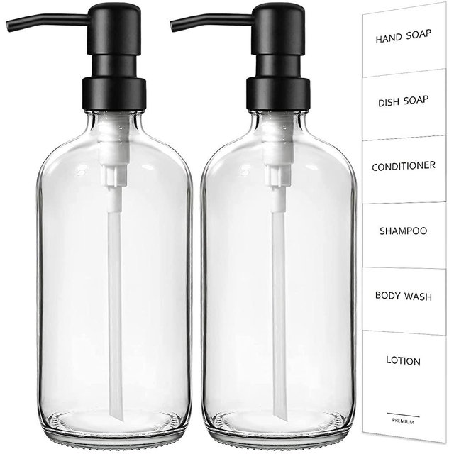 GMISUN Clear Glass Soap Dispenser, 2 Pack Thick Hand and Dish Soap Dispenser Set with Matte Black Stainless Steel Pump, 16 Oz Refillable Liquid Soap Bottle, Modern Empty Bottles for Kitchen & Bathroom